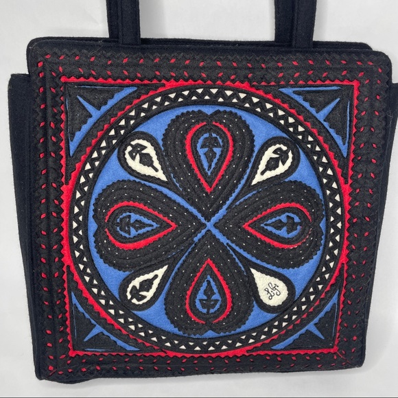 Lulu Guinness Tote Bag Black Blue Red Abstract Design Wool Shoulder Bag - Picture 2 of 14